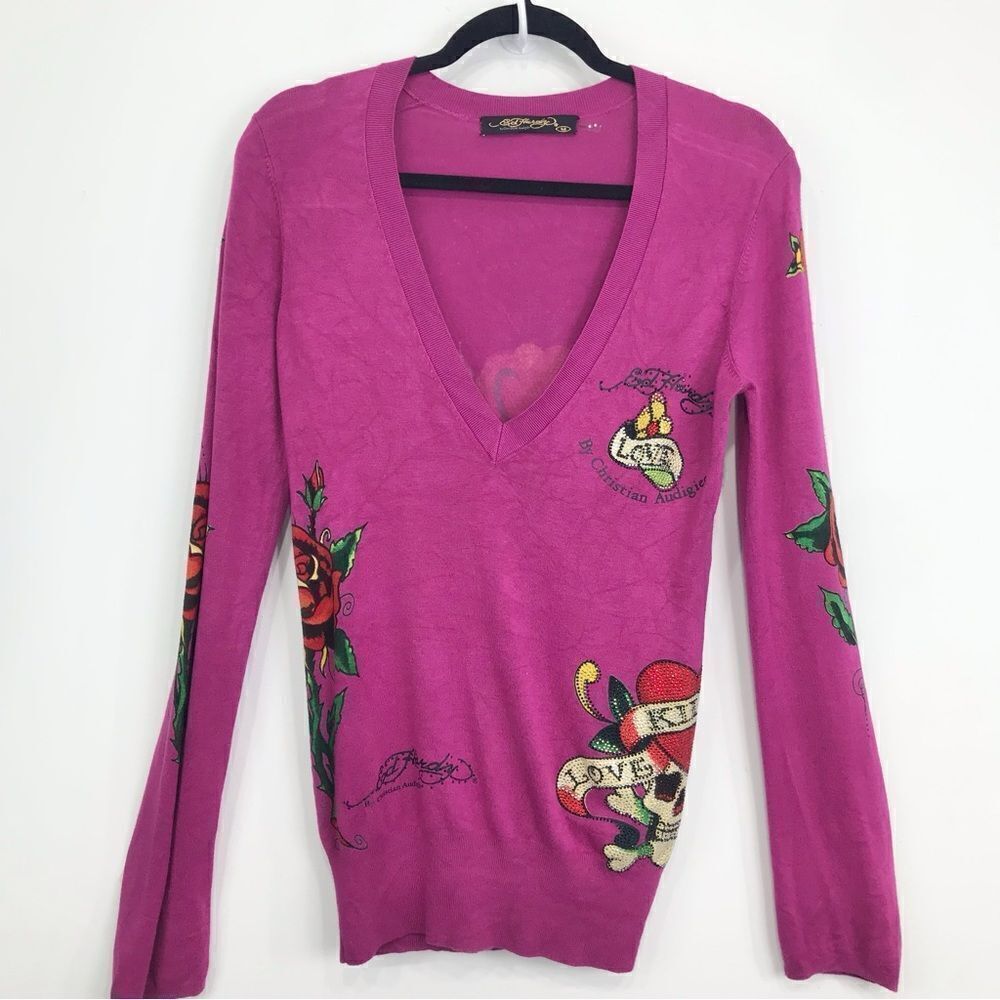 Ed Hardy Magenta Pink Rose Heart Scull Rhinestone Graphic V Neck Knit Sweater